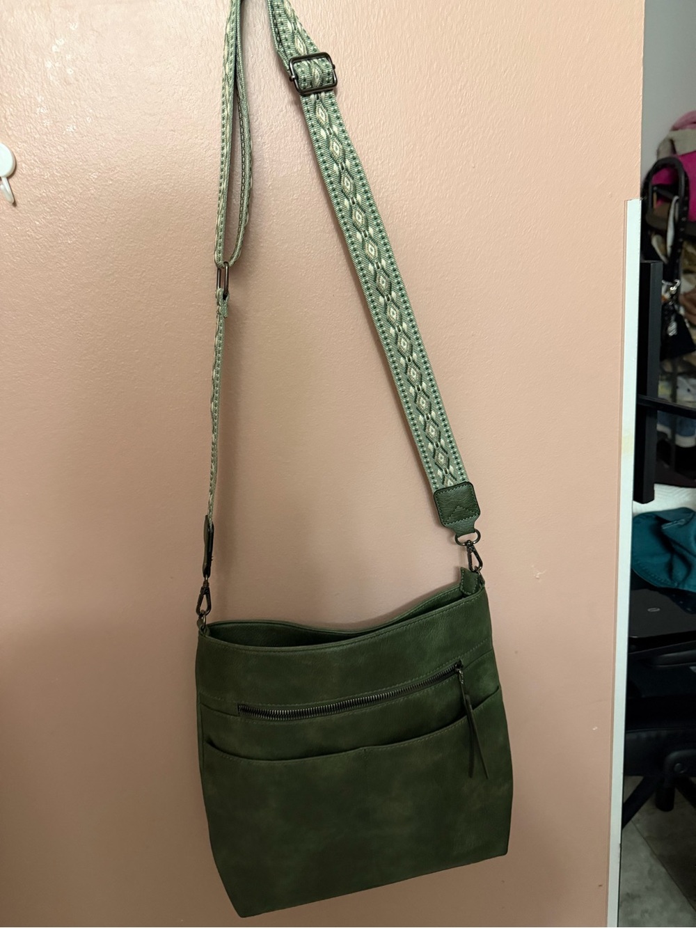 Olive Green Textured Crossbody Bag with Patterned Adjustable Strap